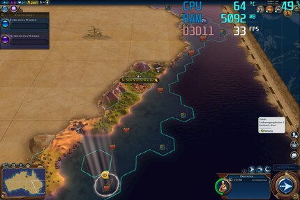 Civilization VI runs at 22 to 38 fps. The further you progress in the game (= more objects to be displayed), the lower the fps.