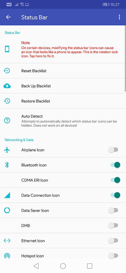 SystemUI Tuner hat Toggles für die Icons in der Status Bar