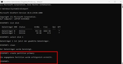 So erstellst du in Diskpart eine neue Partition.