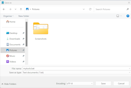 The file must be saved with «.bat», otherwise it won’t work.