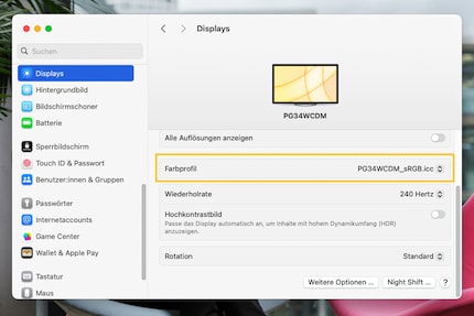 Unter MacOS kannst du in den Displayeinstellungen das Farbprofil wählen. Hier ein sRGB-Profil für den Asus PG34WCDM.