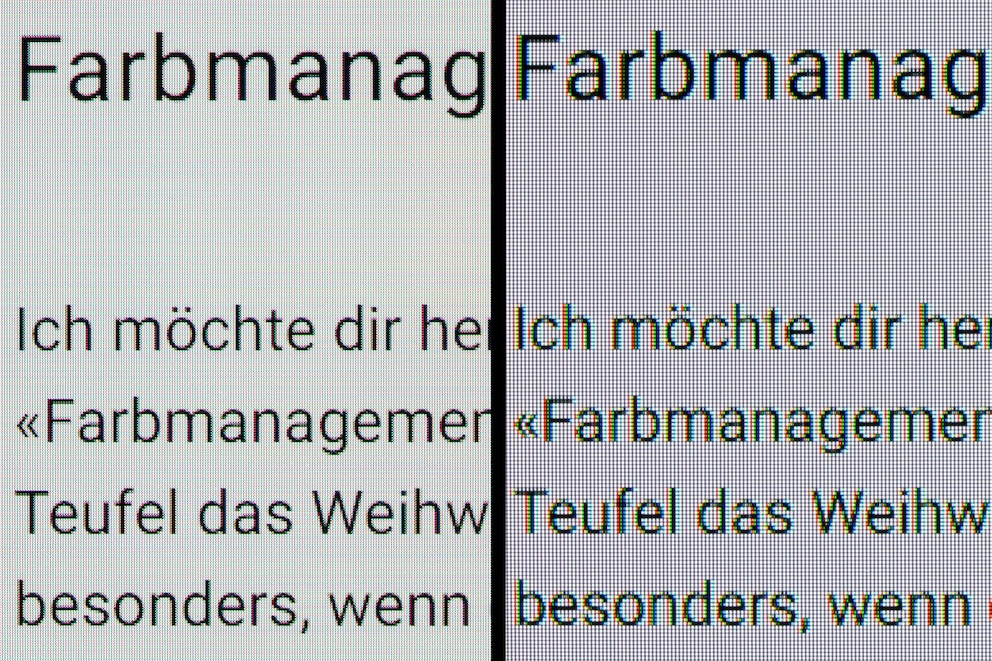 Eine vergrösserte Aufnahme von Text auf der Digitec-Webseite mit der Standardskalierung von Windows. Durch die Pixeldichte von 140ppi wirkt die Schrift auf dem AW3225QF (links) viel schärfer als bei einem OLED mit 110 ppi (rechts).