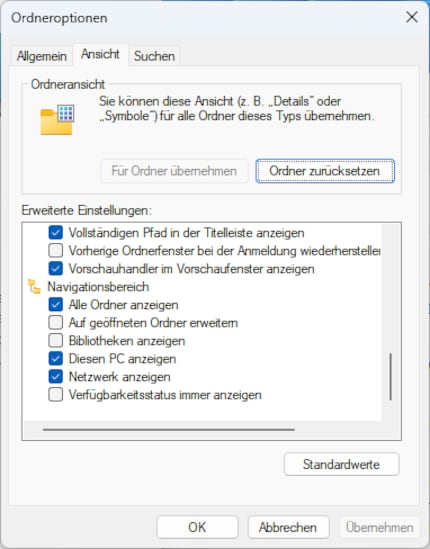 Ganz unten findest du Einstellungen zum Navigationsbereich.