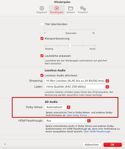 Hier kannst du Dolby Atmos aktivieren.