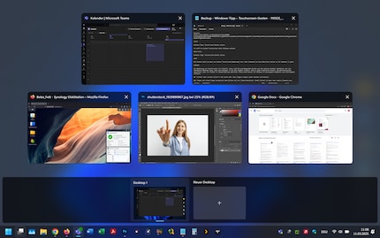 The task view shows open windows and virtual desktops. This is where you can switch to another program or close apps.